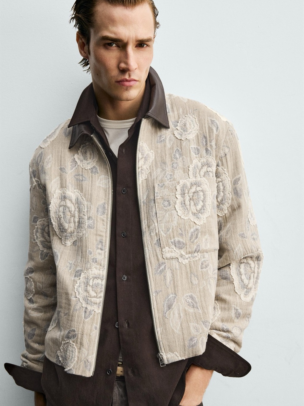 Zara Floral Jacquard Zip Jacket with Contrast Collar